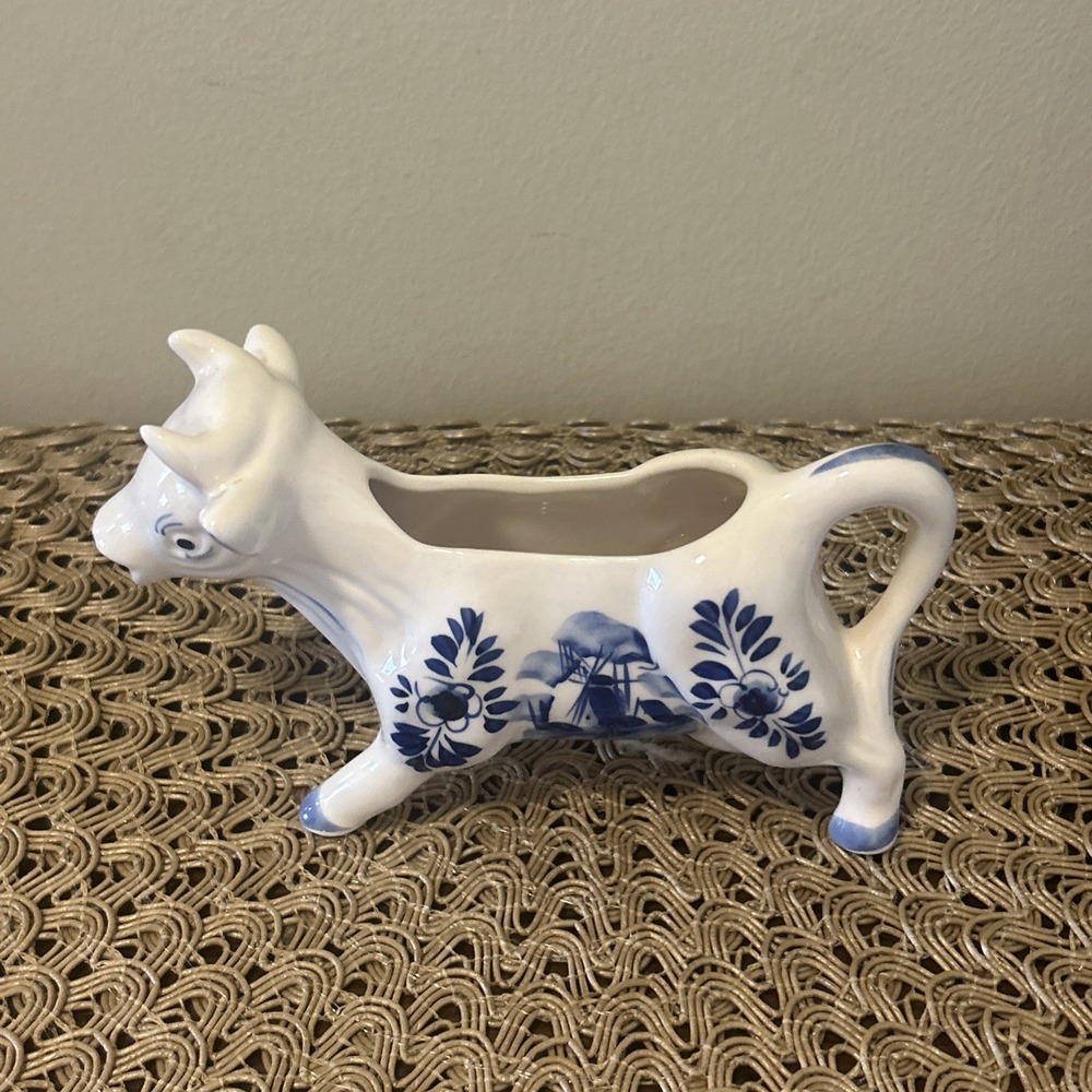 Delft Blue Ceramic Cow Creamer Pitcher Hand Painted Dutch Windmill Cottagecore